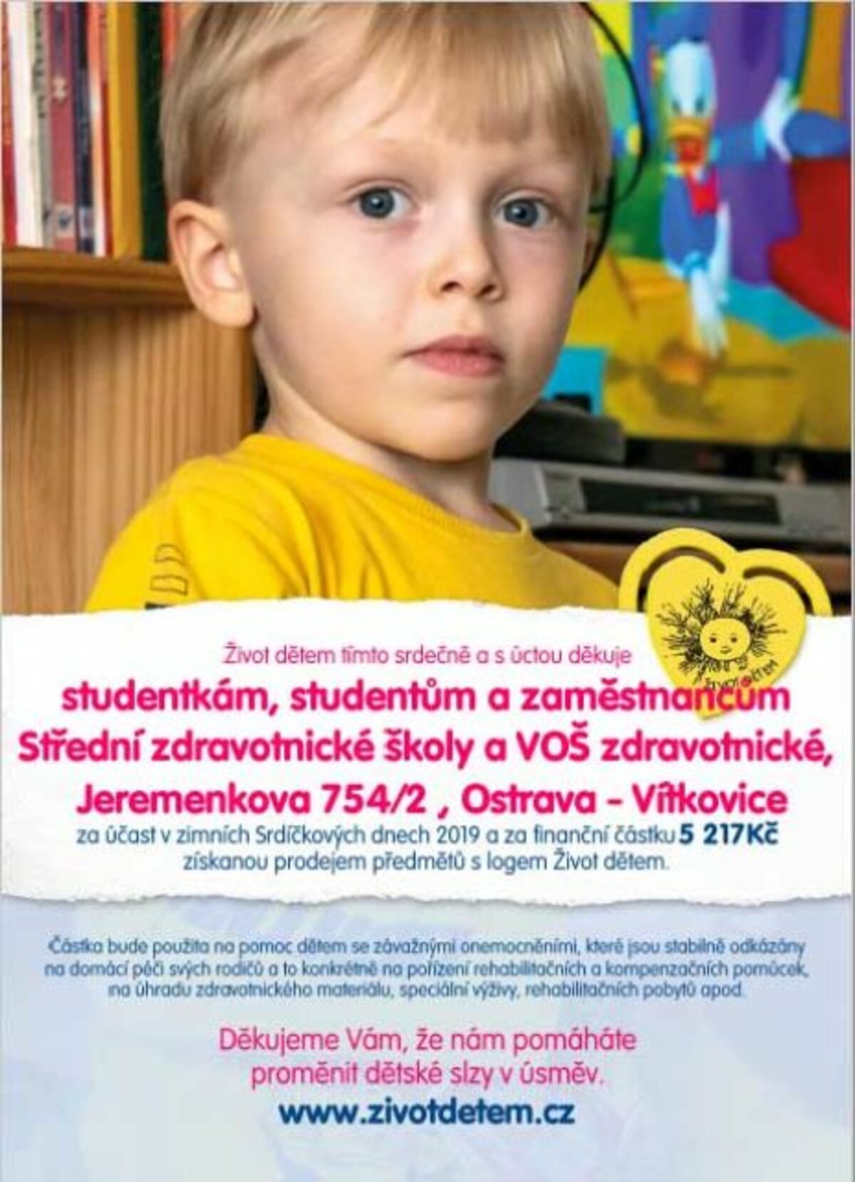 Život dětem - děkovný dopis 2019